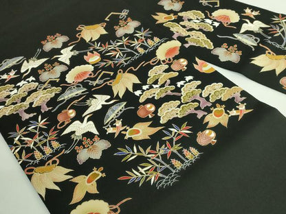 平和屋本店●極上　九寸名古屋帯　刺繍　宝尽くし　鶴　蓑亀　黒地　金糸　逸品　DZAB4246kh6