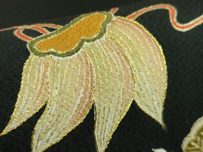 平和屋本店●極上　九寸名古屋帯　刺繍　宝尽くし　鶴　蓑亀　黒地　金糸　逸品　DZAB4246kh6