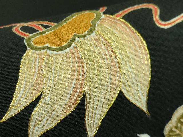 平和屋本店●極上　九寸名古屋帯　刺繍　宝尽くし　鶴　蓑亀　黒地　金糸　逸品　DZAB4246kh6