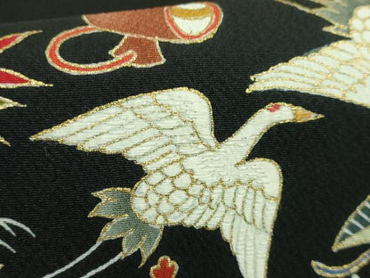 平和屋本店●極上　九寸名古屋帯　刺繍　宝尽くし　鶴　蓑亀　黒地　金糸　逸品　DZAB4246kh6