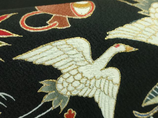 平和屋本店●極上　九寸名古屋帯　刺繍　宝尽くし　鶴　蓑亀　黒地　金糸　逸品　DZAB4246kh6