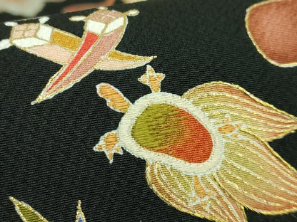 平和屋本店●極上　九寸名古屋帯　刺繍　宝尽くし　鶴　蓑亀　黒地　金糸　逸品　DZAB4246kh6