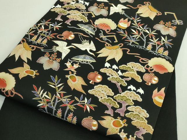 平和屋本店●極上　九寸名古屋帯　刺繍　宝尽くし　鶴　蓑亀　黒地　金糸　逸品　DZAB4246kh6