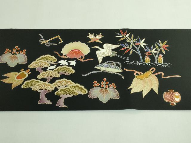 平和屋本店●極上　九寸名古屋帯　刺繍　宝尽くし　鶴　蓑亀　黒地　金糸　逸品　DZAB4246kh6