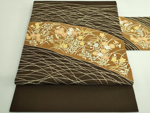 平和屋着物●極上　塩瀬　九寸名古屋帯　刺繍　四季花　憲法黒茶色地　金糸　逸品　DZAB4249kh6