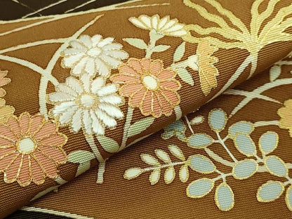 平和屋着物●極上　塩瀬　九寸名古屋帯　刺繍　四季花　憲法黒茶色地　金糸　逸品　DZAB4249kh6