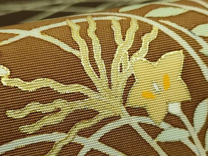 平和屋着物●極上　塩瀬　九寸名古屋帯　刺繍　四季花　憲法黒茶色地　金糸　逸品　DZAB4249kh6