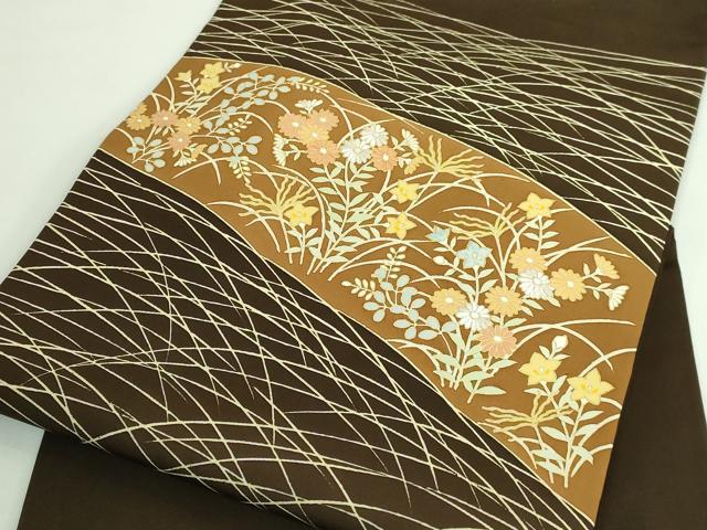 平和屋着物●極上　塩瀬　九寸名古屋帯　刺繍　四季花　憲法黒茶色地　金糸　逸品　DZAB4249kh6