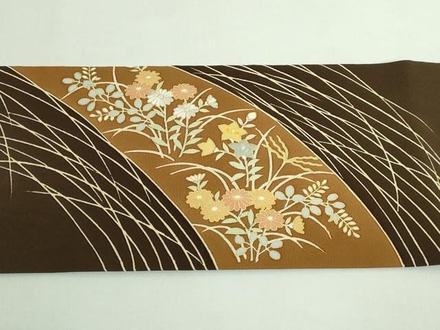 平和屋着物●極上　塩瀬　九寸名古屋帯　刺繍　四季花　憲法黒茶色地　金糸　逸品　DZAB4249kh6