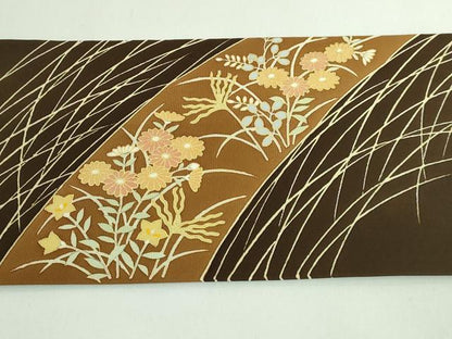 平和屋着物●極上　塩瀬　九寸名古屋帯　刺繍　四季花　憲法黒茶色地　金糸　逸品　DZAB4249kh6