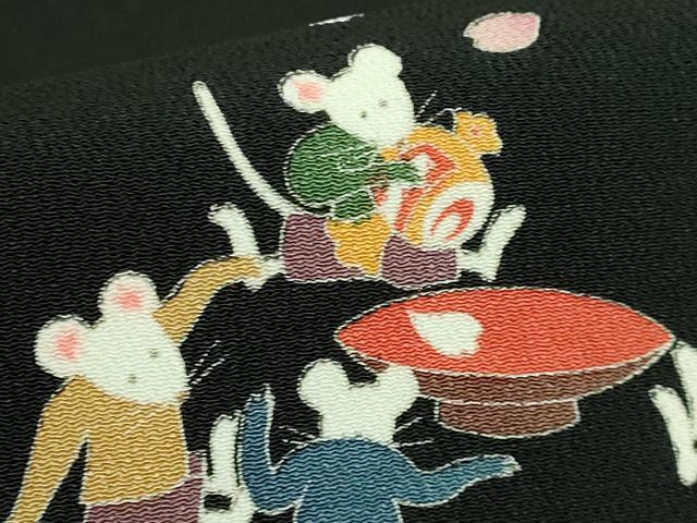 平和屋本店●極上　名門染元　秀美　十日町友禅　九寸名古屋帯　桜　ネズミ　花見　黒地　鬼しぼ縮緬　逸品　DZAB4253kh6