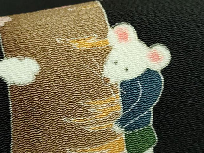 平和屋本店●極上　名門染元　秀美　十日町友禅　九寸名古屋帯　桜　ネズミ　花見　黒地　鬼しぼ縮緬　逸品　DZAB4253kh6