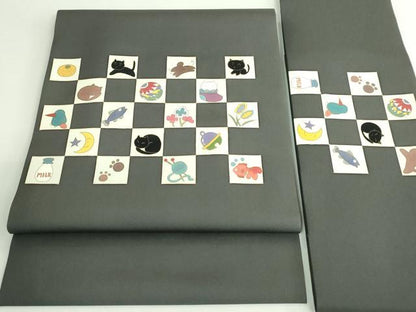 平和屋着物●極上　塩瀬　つけ帯　猫　金魚　ネズミ　毬　毛糸　金彩　逸品　DZAB4257kh6