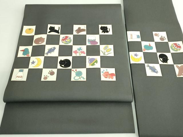 平和屋着物●極上　塩瀬　つけ帯　猫　金魚　ネズミ　毬　毛糸　金彩　逸品　DZAB4257kh6