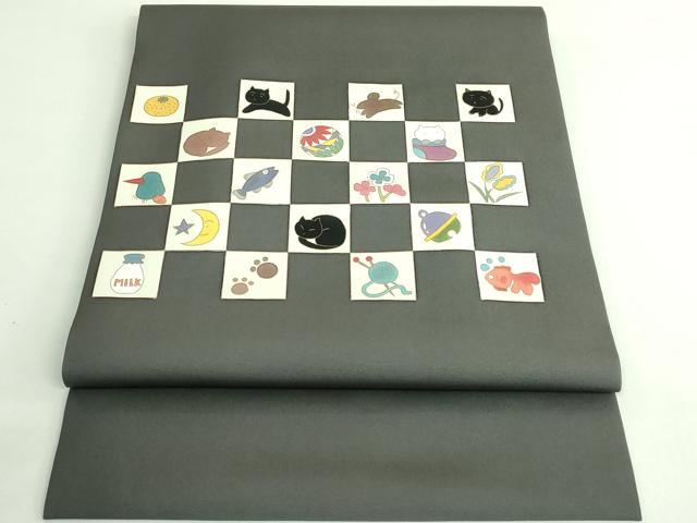 平和屋着物●極上　塩瀬　つけ帯　猫　金魚　ネズミ　毬　毛糸　金彩　逸品　DZAB4257kh6