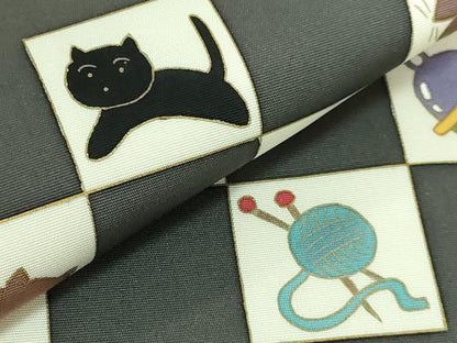 平和屋着物●極上　塩瀬　つけ帯　猫　金魚　ネズミ　毬　毛糸　金彩　逸品　DZAB4257kh6