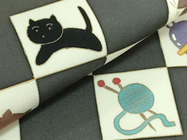 平和屋着物●極上　塩瀬　つけ帯　猫　金魚　ネズミ　毬　毛糸　金彩　逸品　DZAB4257kh6