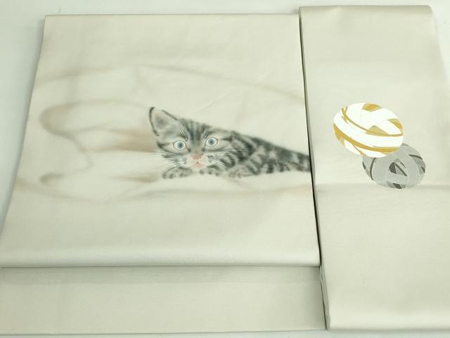 平和屋着物●極上　塩瀬　つけ帯　手描き　猫　毛糸　絹鼠色地　逸品　DZAB4262kh6