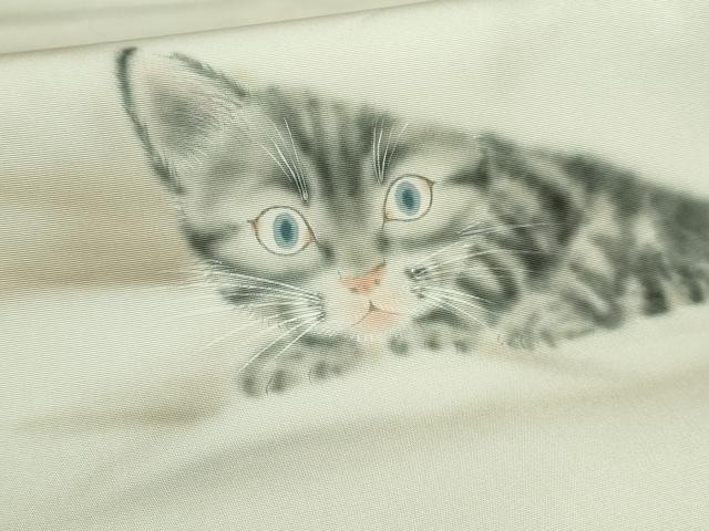 平和屋着物●極上　塩瀬　つけ帯　手描き　猫　毛糸　絹鼠色地　逸品　DZAB4262kh6