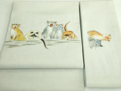平和屋着物●極上　つけ帯　手描き　紬地　猫　絹鼠色地　逸品　DZAB4263kh6