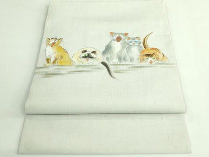 平和屋着物●極上　つけ帯　手描き　紬地　猫　絹鼠色地　逸品　DZAB4263kh6