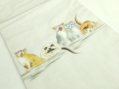 平和屋着物●極上　つけ帯　手描き　紬地　猫　絹鼠色地　逸品　DZAB4263kh6