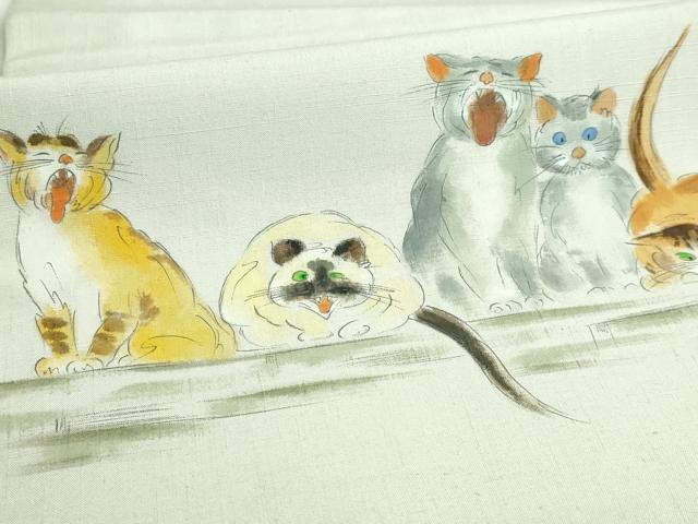 平和屋着物●極上　つけ帯　手描き　紬地　猫　絹鼠色地　逸品　DZAB4263kh6