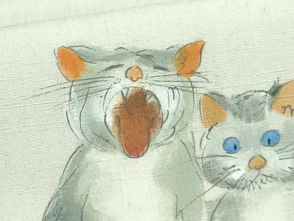 平和屋着物●極上　つけ帯　手描き　紬地　猫　絹鼠色地　逸品　DZAB4263kh6