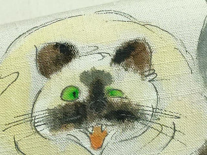 平和屋着物●極上　つけ帯　手描き　紬地　猫　絹鼠色地　逸品　DZAB4263kh6