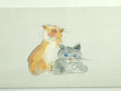 平和屋着物●極上　つけ帯　手描き　紬地　猫　絹鼠色地　逸品　DZAB4263kh6