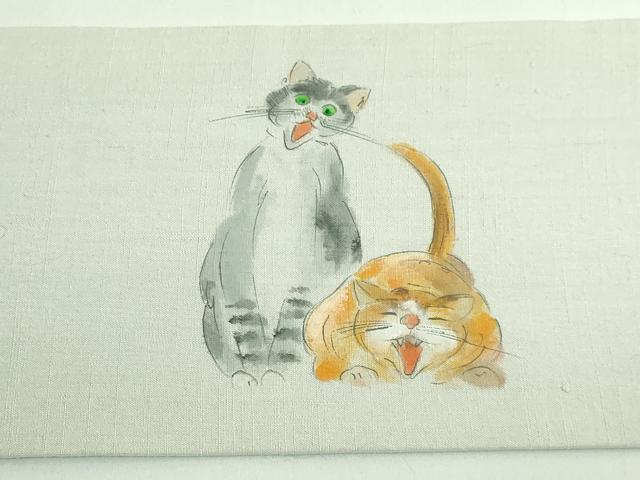 平和屋着物●極上　つけ帯　手描き　紬地　猫　絹鼠色地　逸品　DZAB4263kh6