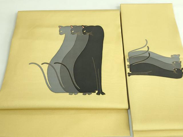 平和屋着物●極上　塩瀬　つけ帯　猫　淡黄色地　金彩　逸品　DZAB4266kh6