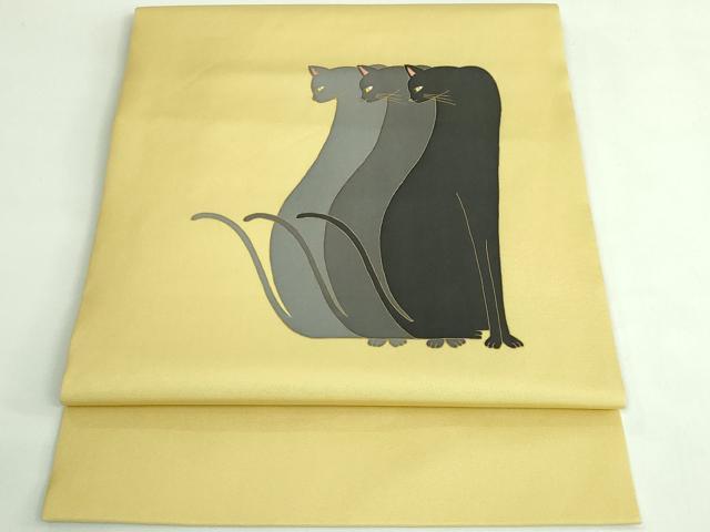 平和屋着物●極上　塩瀬　つけ帯　猫　淡黄色地　金彩　逸品　DZAB4266kh6