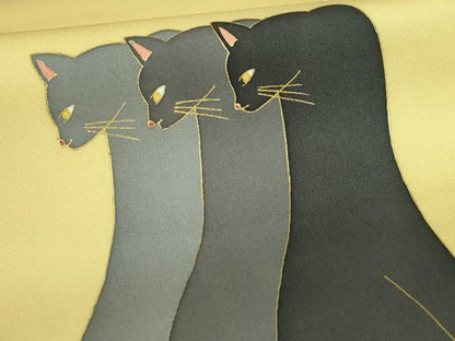 平和屋着物●極上　塩瀬　つけ帯　猫　淡黄色地　金彩　逸品　DZAB4266kh6