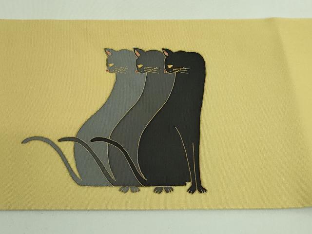 平和屋着物●極上　塩瀬　つけ帯　猫　淡黄色地　金彩　逸品　DZAB4266kh6