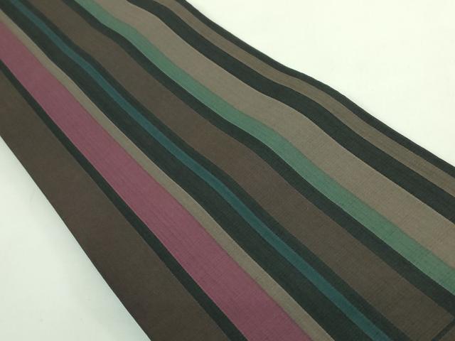 平和屋着物●極上　両面　半幅帯　撫松庵　縞　タンポポ　ツバメ　黒地　逸品　DZAB4268kh6
