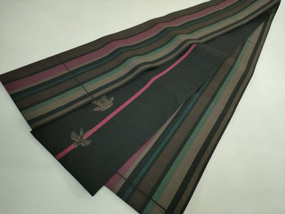 平和屋着物●極上　両面　半幅帯　撫松庵　縞　タンポポ　ツバメ　黒地　逸品　DZAB4268kh6