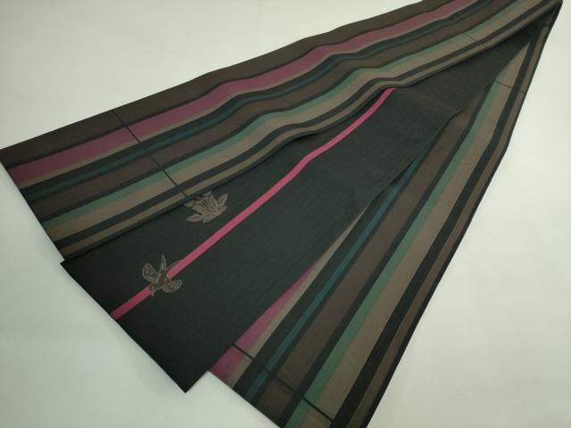 平和屋着物●極上　両面　半幅帯　撫松庵　縞　タンポポ　ツバメ　黒地　逸品　DZAB4268kh6