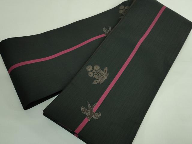 平和屋着物●極上　両面　半幅帯　撫松庵　縞　タンポポ　ツバメ　黒地　逸品　DZAB4268kh6