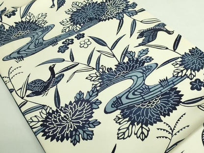平和屋着物●極上　塩瀬　九寸開き名古屋帯　型染め　藍　流水花鳥文　逸品　DZAB4271kh6