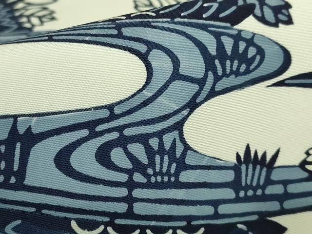 平和屋着物●極上　塩瀬　九寸開き名古屋帯　型染め　藍　流水花鳥文　逸品　DZAB4271kh6