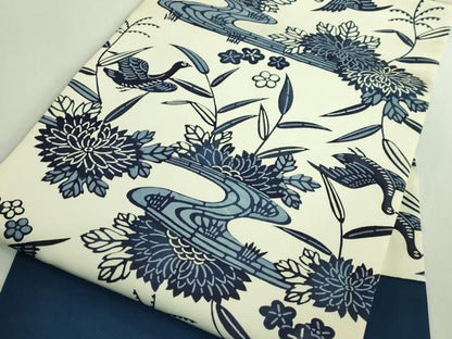 平和屋着物●極上　塩瀬　九寸開き名古屋帯　型染め　藍　流水花鳥文　逸品　DZAB4271kh6