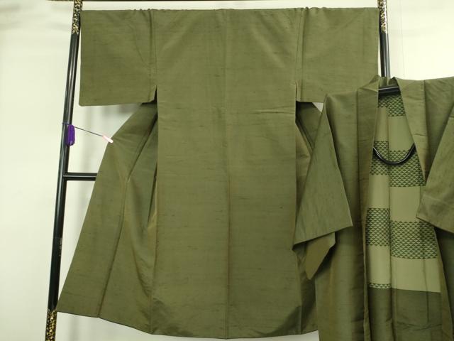 平和屋着物●極上　男性　紬　アンサンブル　濃い海松色　逸品　DZAB4301kh6