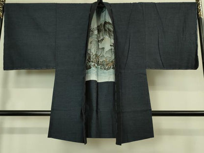 平和屋着物●極上　男性　結城紬　アンサンブル　杢　濃い青褐色　逸品　未使用　DZAB4311kh6