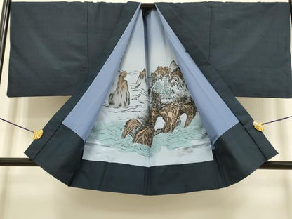 平和屋着物●極上　男性　紬　アンサンブル　キングサイズ　濃い藍鉄色　逸品　DZAB4316kh6
