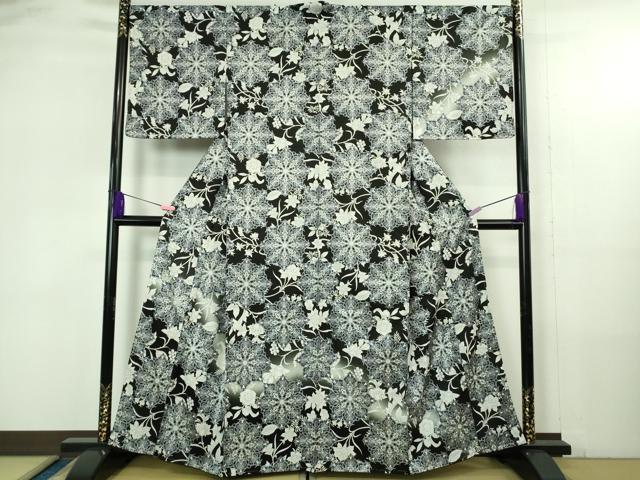 平和屋本店●極上　小紋　正倉院花唐草文　暈し染め　黒地　銀彩　逸品　未使用　DZAB4329kh6