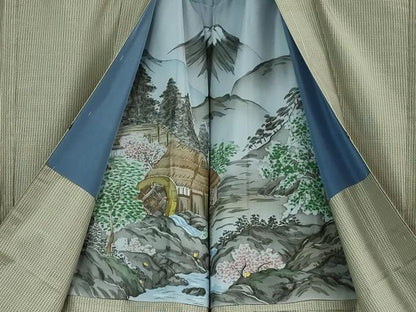 平和屋着物∞極上　男性　長羽織　本場縞大島紬　キングサイズ　江戸鼠色　羽裏・水車小屋　逸品　未使用　DZAB4341kh6