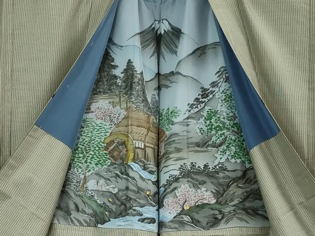 平和屋着物∞極上　男性　長羽織　本場縞大島紬　キングサイズ　江戸鼠色　羽裏・水車小屋　逸品　未使用　DZAB4341kh6