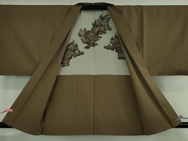 平和屋着物∞極上　男性　羽織　紬地　枯茶色　羽裏・唐獅子　逸品　DZAB4342kh6