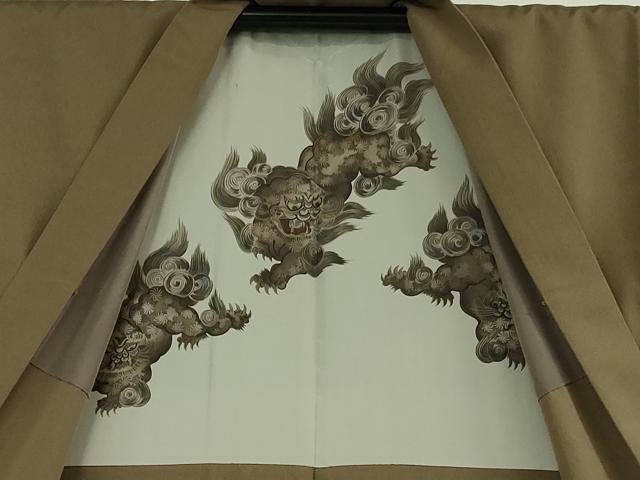 平和屋着物∞極上　男性　羽織　紬地　枯茶色　羽裏・唐獅子　逸品　DZAB4342kh6